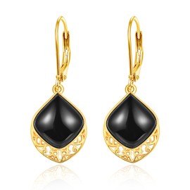 TANGPOET Onyx Earrings 925 Sterling Silver Filigree Boho Earrings Gold Pendant Onyx Jewellery Women's Drop Earrings Gifts for Women, Silver, Onyx