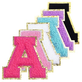6Pcs 3.1 Inch Iron on Chenille Letter Patches, Glitter Preppy Varsity Letter Patches for Clothes and Hats, Alphabet Cloth Patch for Team Costume Decoration(Mixed Color, A)