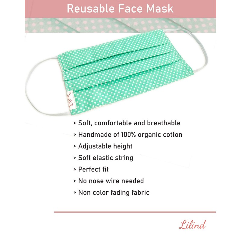 Lilind Fashion Face Mask 100% Cotton Reusable Breathable Handmade Green