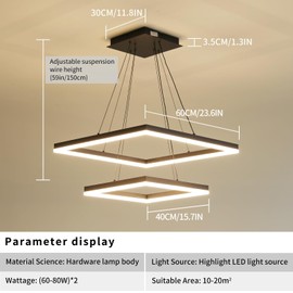 Modern LED Chandelier, 2-Light Black Ceiling Square Chandelier for Dining Room Light Fixtures Hanging Color Temperature and Height Adjustable Chandeliers for Living Room, Bedroom, Kitchen 15.7+23.6IN