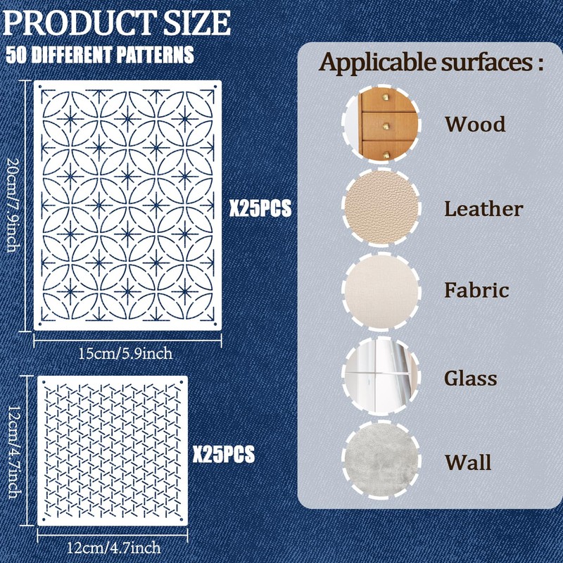 GLASSWINDS 50 Pcs Sashiko Stencil Kit, 7.9 X 5.9 Inch