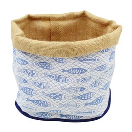 Blue and White Sardeine Bread Basket with Burlap Interior - Coastal Inspired Kitchen Storage, Decorative Bread Holder