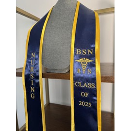 Ovaltag BSN RN Nursing Graduation Stole Class of 2025 With Medical Logo, Gift for Nurse Student (Navy Blue/Gold trim, CLASS OF 2025)
