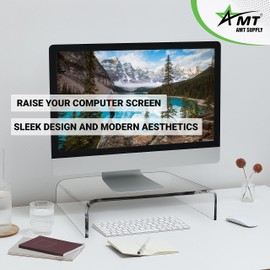 AMT 2 Pack Acrylic Laptop Monitor Stand & Computer Riser with Cat Keyboard Protector, Space-Saving Design, Extra Storage, Clear Shelf - Ideal for Monitors, Laptops, Printers, Desktop Decor