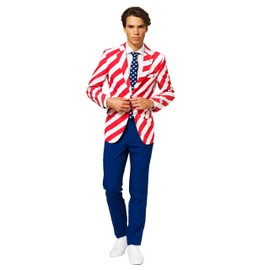 Opposuits American Flag Suit for Men USA Outfit for The 4th of July with Pants, Jacket and Tie,United Stripes,38