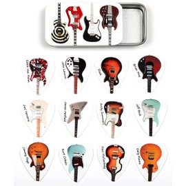 Tin of 12 Guitar Plectrums Featuring 24 Famous Guitars - Harmony Picks