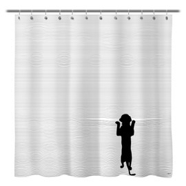 Sunlit Cute Black Dog Curious Cartoon Puppy with Black and White Stripes Fabric Shower Curtain for Kids Dog Lovers PVC-Free Bathroom Decor.