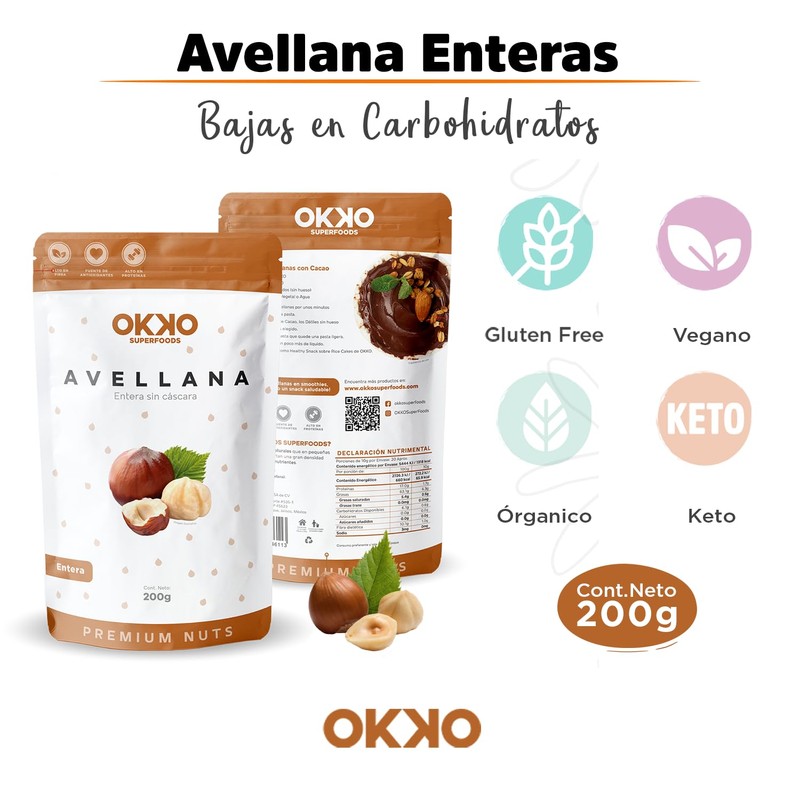 Avellana Entera 100% Natural Sin Cutícula, Calidad Premium 200g OKKO