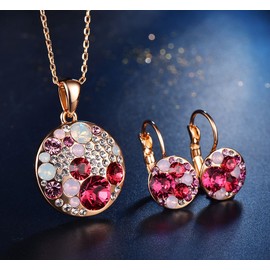 Leafael Ocean Bubble Women's Jewelry Set Made with Premium Crystals Opal Pink Ruby Red Costume Fashion Pendant Necklace Earring Set, 18K Rose Gold Plated, 18" + 2", Gifts for Women