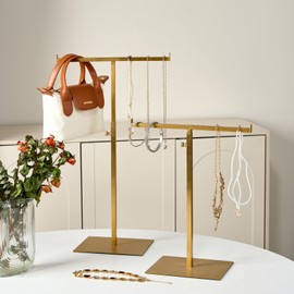 Purse Display Stand Jewelry Towers 2 Packs Stainless Steel Bag Stand Tabletop Adjustable Height Double Hook Hanging Jewelry Stands for Necklaces Organizer Home Store Boutique (Anti-fingerprint)