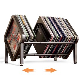 LILIWER Vinyl Record Storage Holder - Expandable 13-22.4" Width, Heavy-Duty Carbon Steel Album Organizer for Desktop & Floor, Anti-Warping Display Stand for 60-110 LPs, Matte Black Industrial Style