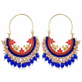 Indian Ethnic Bollywood Wedding Designer Traditional Party-wear Pearl Beaded Gold Plated Hoop Bali Indian Jhumka Jhumki Earrings Blue