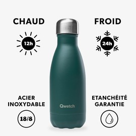 Qwetch Thermos Flask, Emerald Green, 260 ml, Stainless Steel Bottle, 24 Hours Cold and Warm, Waterproof, BPA Free and Reusable