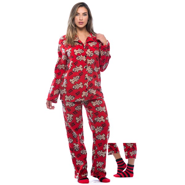 FollowMe Printed Microfleece Button Front PJ Pant Set with Socks