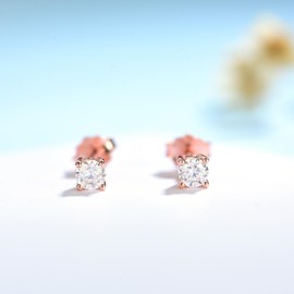 Kuololit Moissanite Stud Earrings 3.0mm 0.1ct Brilliant Round Cut D Color VVS1 Clarity Earrings Sterling Silver Moissanite Stud Earrings Tiny Moissanite Trendy Jewelry (Rose)
