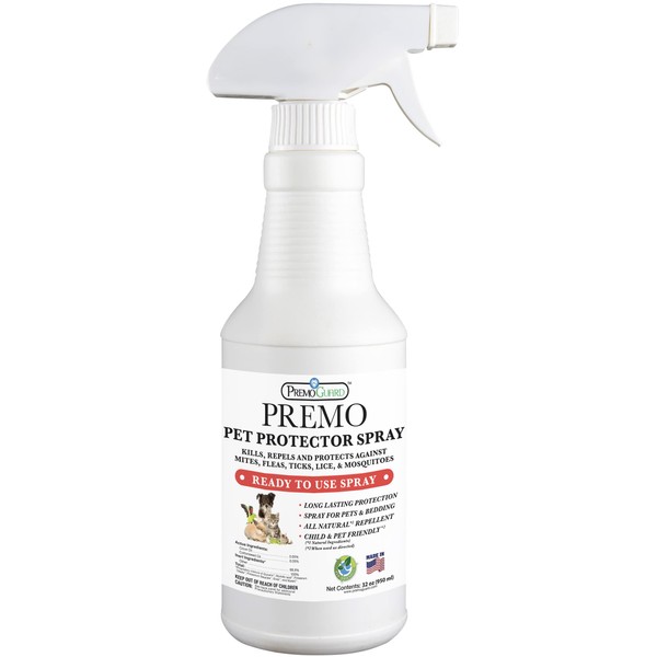 Pet Protector by Premo Guard – 100% Effective Mite, Flea, Tick, & Mosquito Spray for Dogs, Cats, and Pets – Best Natural Protection for Control, Prevention, & Treatment – 32 oz