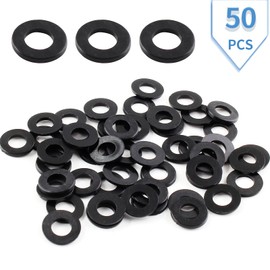 Qjaiune 50 Pack M5 Nylon Washers Black Flat Washer, 5mm ID 10mm OD 1mm Thickness Faucet Plastic Gasket, Metric Nylon Gasket Sealing Washer Spacer Flat Hose Washer for Water Pipe Water Hose