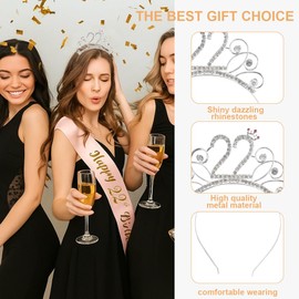 22. Geburtstag Krone Schärpe, 22 Geburtstag Frauen Deko Schärpe und Tiara, Rose Gold 22. Geburtstag Geschenke Krone für Birthday Party, für 22 Geburtstag Deko Geschenk und Frauen Party Accessoires