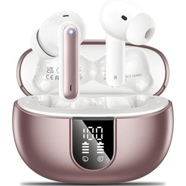 Wireless Earbuds, 2024 Wireless Headphones HiFi Stereo Earphones with 4 ENC Noise Canceling Mic, 42Hs Playtime In Ear Earbud, Bluetooth 5.3 Sport Earphones with LED Power Display for Android iOS White - Color: pink gold