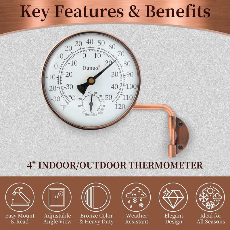 Dunuo 4" Brass Outdoor Thermometer, Indoor Thermometer for Room –