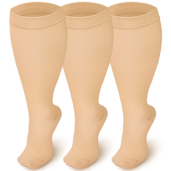 Iseasoo - Calcetines de compresión de talla grande para hombres y mujeres, 3 pares de medias de compresión de pantorrilla ancha para la rodilla, soporte para la circulación, enfermeras, correr, 4XL
