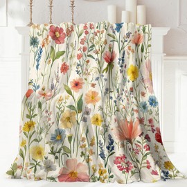 Floral Throw Blankets, Vintage Flower Plant Flannel Warm Soft Cozy Fluffy Bed Couch Blanket, Boho Colorful Wildflower Floral Fleece Throws to Decoration The Room and Bedroom 50X60 inch