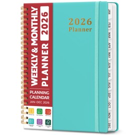 2026 Planner, Weekly and Monthly Planner, January 2026 - December 2026, Hardcover 2026 Calendar Planner Book with Tabs For Women & Men, Inner Pocket, Spiral Bound, Perfect for Office Home School Supplies - A5 (6.3" x 8.5"), Aquamarine