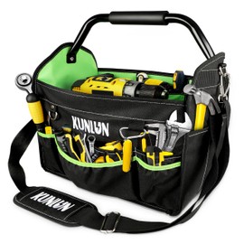 KUNLUN 17-Inch Open Top Tool Bag, Electrician Tool Bag, Tool Tote Bag Organizer for Easy Tool Access, 33 Pockets Foldable Tool Carrier with Rotating Steel Handle and Removable Shoulder Strap