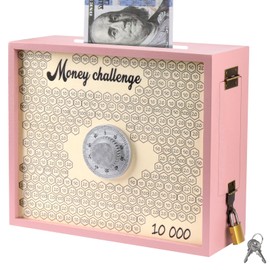 Mczcent 10000 Savings Challenge Box with Lock, Large Wooden 10k Money Saving Box Saver 10,000 Reusable Coin Money Challenge Cash Vault Savings Box Tracker Piggy Bank for Adults Kids, Pink