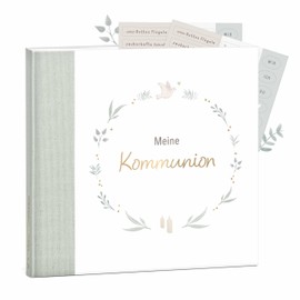 mintkind® Guest Book Communion Sage - Communion Book to Fill in, 72 Pages for Creative Design, High-Quality Linen Cover - Communion Gift & Decoration for Communion Party