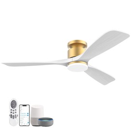52 Inch Smart Low Profile Ceiling Fans,Solid Wood Outdoor Indoor Ceiling Fan with Lights Remote,WIFI Alexa App Control,Quiet DC Motor,Dimmable LED,Modern Flush Mount Fan for Bedroom Patio,Gold White
