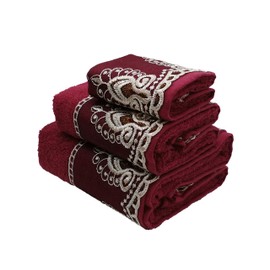 Marina Decoration Premium Luxury Decor Ultra Soft 100% Cotton Sheer Lace Bathroom Modern 3 Piece Towel Set, Burgundy Color