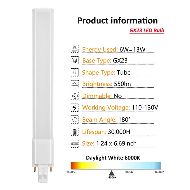 Amazing power 2-Pack 6W LED GX23 PL Lamp GX23d 2-Pin