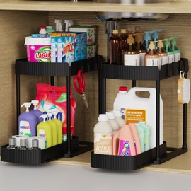 ukeetap 2 Pack Multi-Purpose Pull-Out Storage Organizers, Under Sink Organizers and Storage for Bathroom & Kitchen, Under Cabinet Organizers and storage, 14.8 Inch, Black