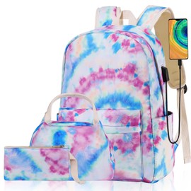 Woosir Kids Backpack for Girls School Backpacks Tie Dye Bookbags School Bags with USB Charger Port Back to School Teen Backpack age 8-12 Gift for Kids Girl Elementary School Mochilas para Niñas