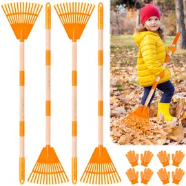 4 Pcs 35'' Kids Rakes for Leaves - Plastic Rake Head with 4 Pairs Kids Gloves, Small Kids Lawn Rakes Detachable Wooden Handle, Autumn Garden Tool Set for Kids Boys and Girls, Orange
