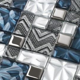 Elephantile Blue White Glass Tile for Kitchen Bathroom Backsplash Wall Versailles Pattern Mosaic [Set of 5]