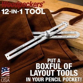 Woodpeckers 12-in-1 Pocket Layout Tool, Metric Model, USA Made Adjustable Square for Woodworking, Stainless Steel, Gauge, Square and Rule in One