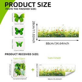 Mirabuy Green Plant Grass Wall Corner Decals Flowers with 3D Butterflies Base Board Skirting Line Wall Stickers for Staircase Living Room Kitchen Bedroom