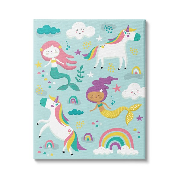 Stupell Industries Mermaid and Unicorn Rainbow Collage Kids' Fantasy Illustration,