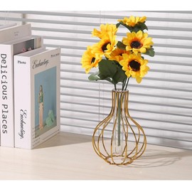 Table Flower Vases,Gold Geometric Metal Frame Clear Glass Tube Bud Vase Hydroponic Plants,Bulb-Shaped Design,Gold Vase Decorative for Fridge,Window,Home,Party(gold 10)