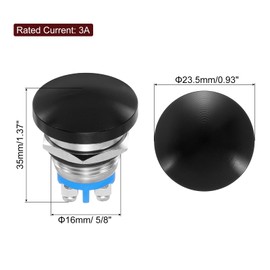 sourcing map 1PCS 5A 250V AC 16mm 5/8" Momentary Mushroom Head Push Button Switch Black 1NO Waterproof IP65 SPST Installing Domed Round 2 Screw Foot Switch