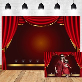 OERJU 10x7ft Stage Backdrop Red Curtain Gold Lace Dance Music Party Performance Act Out Theater Drama Show Celebrating Ceremony Photographic Background Adult Portrait Vinyl Studio Props Wallpaper