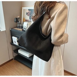 Fldhav Suede Bags for Women Hobo Bag Slouchy Purse Fashionable Shoulde Office Suede Tote Handbag(Suede Black)