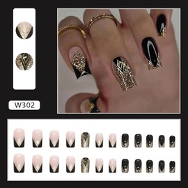 24Pcs Glossy Black Press on Nails Square Medium Full Cover Artificial French Fake Nails with Golden Glitter Designs Acrylic Coffin False Nails with Glue Stick on Nails for Women Girls