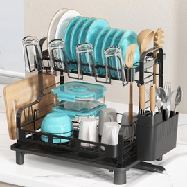 BOOSINY Dish Drying Rack, 2 Tier Large Stainless Steel Black Dish Rack with Drainboard Set for Kitchen Counter, Space Saving Plates Drainer Rack with Cups Holder & Utensil Holder, Dish Strainer Holder