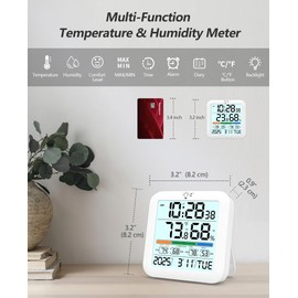 Digital Indoor Thermometer Hygrometer Clock, Room Temperature Humidity Monitor with Calibration, Backlight, Air Comfort Indicator, 24H Max Min Record, Time, Alarm for Home, School