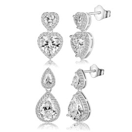 2 Pairs Stud Earrings Set Heart Teardrop 18K White Gold Plated Fashionable Cubic Zirconia Stud for Women and Men,Heart Teardrop CZ