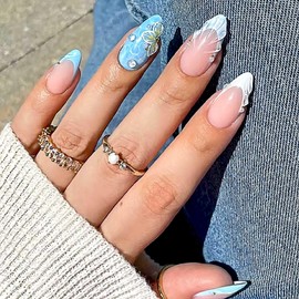 Rilafuvu Press on Nails Medium Fake Nails with 5D Striped Designs Glue on Nails Blue Ombre Nails Press ons Glossy Acrylic Nails Almond Flower Artificial Nails French Tip Press on Nail Nails