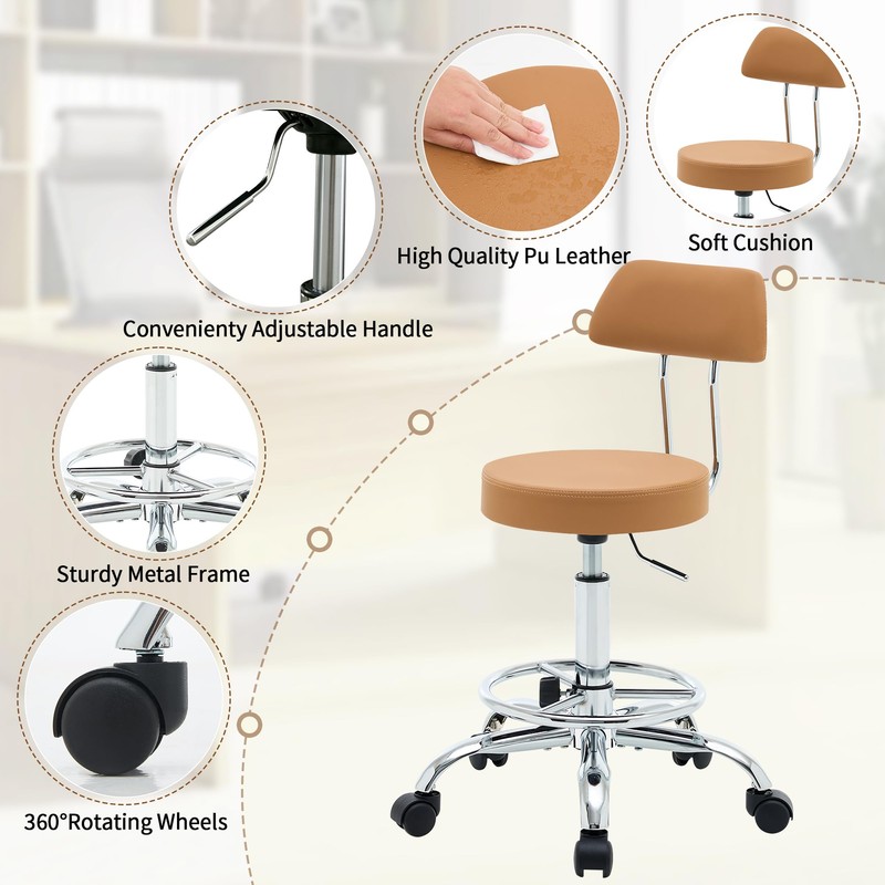 FIRAVOE Rolling Stool with Back, Adjustable Tattoo Rolling Chair 19.5’’-26.6’’,